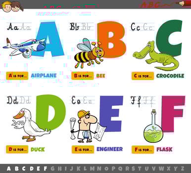 educational cartoon alphabet letters for children from A to F vector