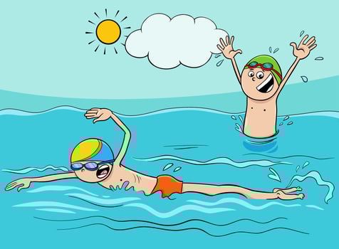 cartoon boys characters swimming in the water vector