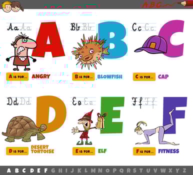 educational cartoon alphabet letters for children from A to F vector