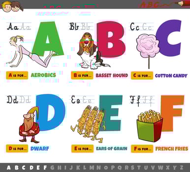 educational cartoon alphabet letters for children from A to F vector