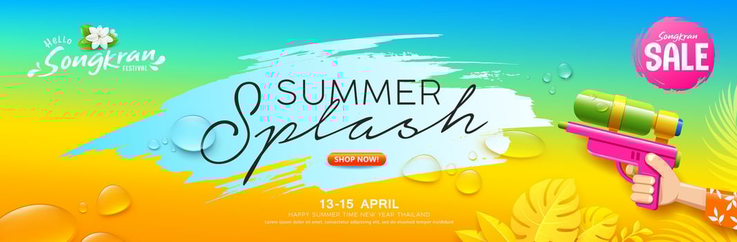 Songkran water festival thailand, water gun water splashing summer sale banner design on yellow and blue background vector