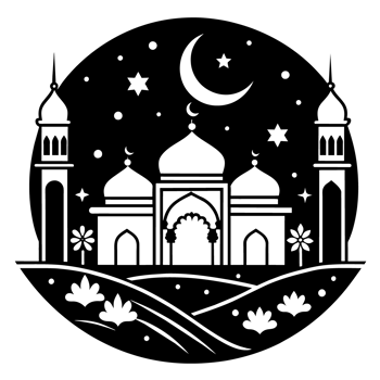 A silhouette of an Islamic mosque with domes and minarets is depicted against a decorative night sky backdrop png