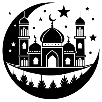 A silhouette of an Islamic mosque with domes and minarets is depicted against a decorative night sky backdrop png