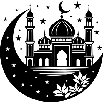 A silhouette of an Islamic mosque with domes and minarets is depicted against a decorative night sky backdrop png