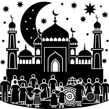 A silhouette of an Islamic mosque with domes and minarets is depicted against a decorative night sky backdrop png