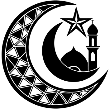 A silhouette of an Islamic mosque with domes and minarets is depicted against a decorative night sky backdrop png