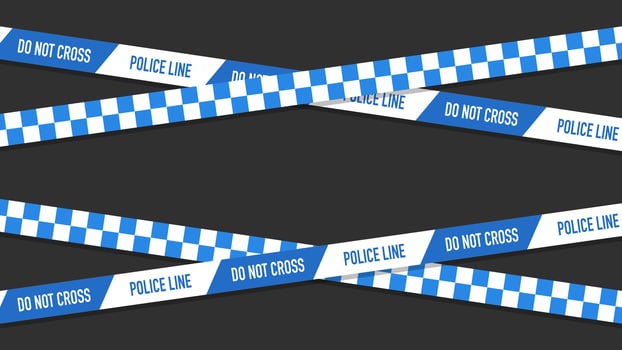 Blue Police Lines, Wide Design, Banner for Web, Social Media. Warning Tape Wrapped Around, Isolated on Dark Background. vector