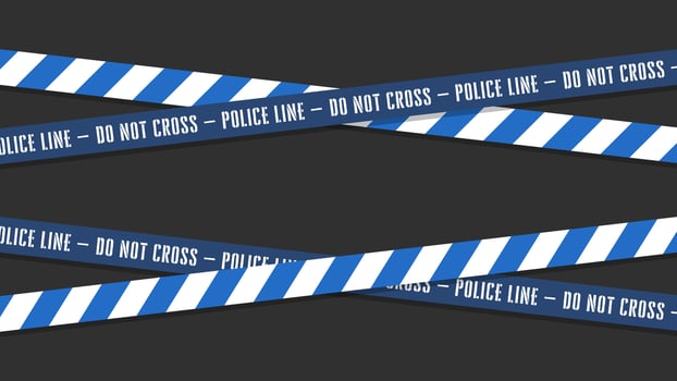 Blue Police Warning Tape Wrapped Around, Isolated on Dark Background. Police Lines, Wide Design, Banner for Web, Social Media. vector