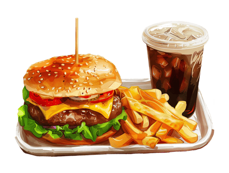 a hamburger and fries on a tray with a drink png