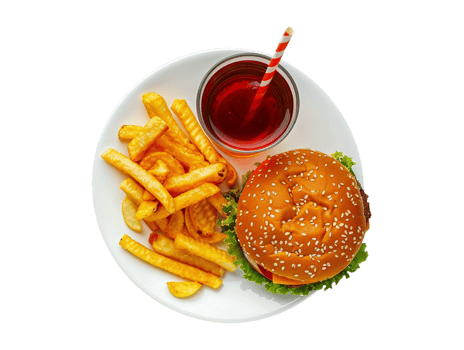 a hamburger and fries on a tray with a drink png