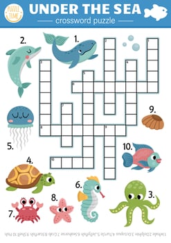 under the sea crossword puzzle for kids. Simple ocean life quiz with for children. Educational marine activity with fish, water animals, whale, dolphin, octopus. Cute cross word vector
