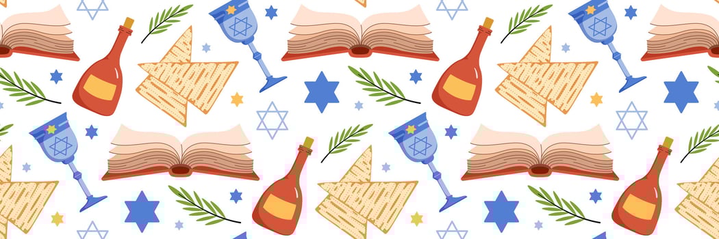 Happy Passover celebration seamless pattern. Jewish holiday Pesach background. Traditional icon matzah, wine, torus, Star of David, Elijahs Cup. For wallpaper, invitation. flat illustration. vector
