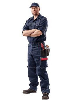 portrait of fat man car mechanic standing with holding a tool. png
