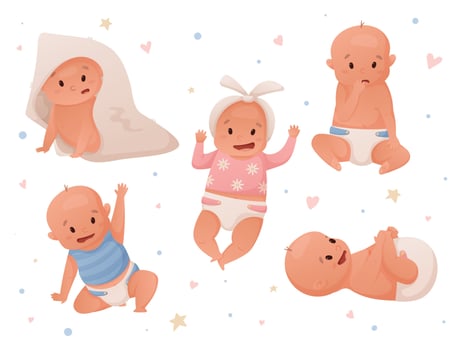 Set of isolated illustrations of newborn babies girls and boys in diapers. vector