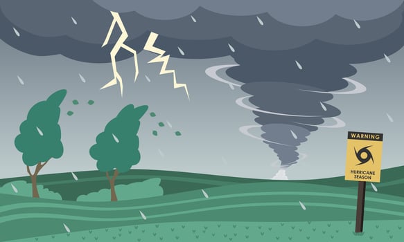 Bad weather landscape with tornado hurricane and disaster sign vector
