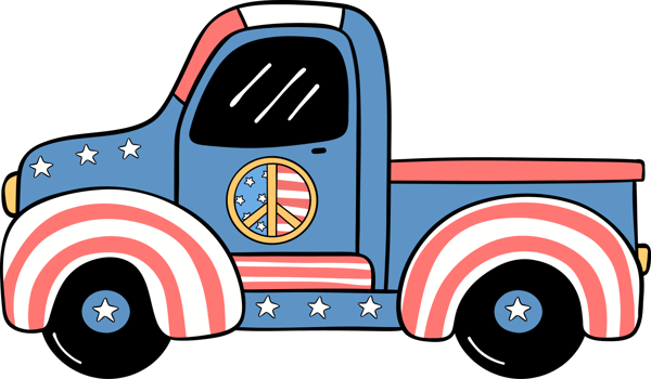 Retro Groovy 4th of July car truck Independence day festive cartoon doodle drawing png