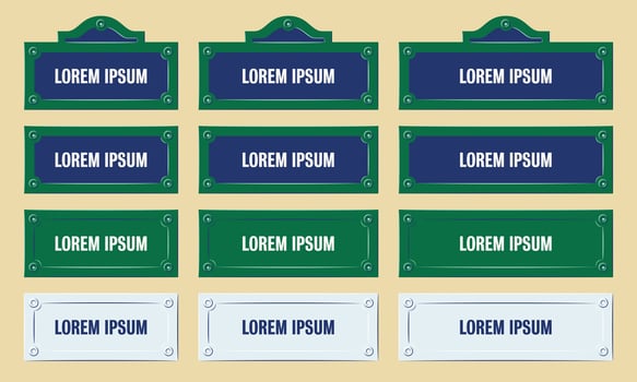 Parisian Street Signs, Name Plate Collection of Different Sizes, Paris Avenue Plate of Green, White and Blue Color. Famous City Design Details. vector