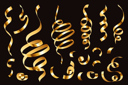 Golden confetti. Gold ribbon 3D realistic serpentine, festive anniversary and christmas decoration, bright festive tinsel of gold color isolated set vector