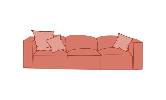 Fashionable pink sofa with retro style pillows. A modern collection of upholstered furniture. Flat illustration vector