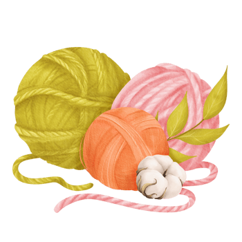 composition of multicolored yarn skeins in green, pink, and orange, adorned with soft cotton flowers and greenery branches. Watercolor for crafting enthusiasts, textile themed blogs png