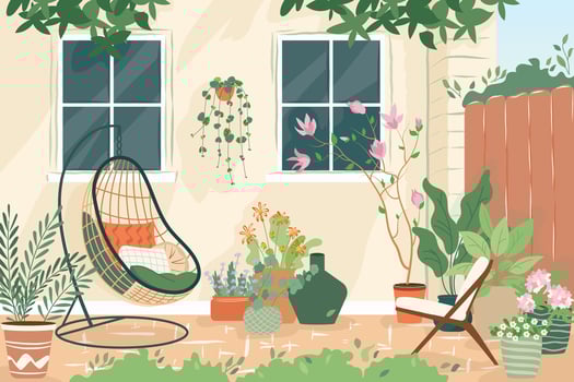 Cozy backyard with hanging chair and plants in pots House patio with fence, furniture for picnic green grass and tree Summer landscape of yard cartoon illustration vector