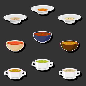 Illustration on theme big set various types beautiful tasty edible hot homemade soups vector