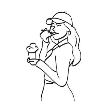 Young woman eating ice cream illustration hand drawn isolated on white background vector