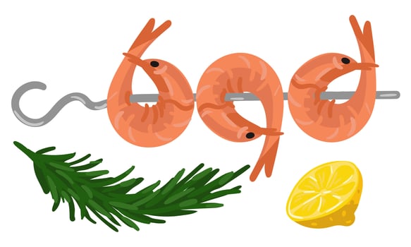 Bright colored shrimp on a skewer with rosemary and lemon. Isolated food for culinary menus, seafood advertisements or gastronomic publications convey the whole essence of freshness and taste. vector
