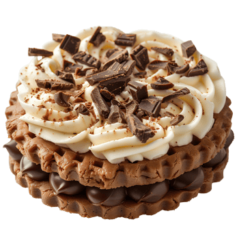 Cookie with vanilla cream and chocolate sprinkles on top isolated . Exquisitely filled biscuit with cookie dough cream and chocolate pieces isolated. Cookie top view isolated. Biscuit dessert png