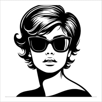 Vintage retro woman wearing sunglasses line art comic black and white 02 vector