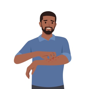 Young man scratching arm. Guy suffering from strong allergy skin itchy symptom concept. vector