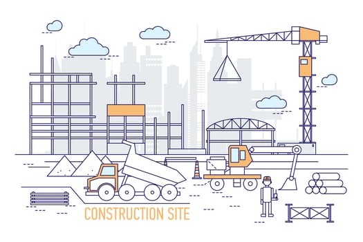 Construction site or area with constructed building, crane, excavator, dump truck, engineer wearing hard hat against silhouettes of skyscrapers on background. illustration in line art style. vector