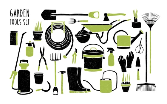 Collection of gardening tools isolated on white background. Bundle of black and green equipment for crops cultivation, agricultural work, farming and growing plants. Hand drawn illustration. vector