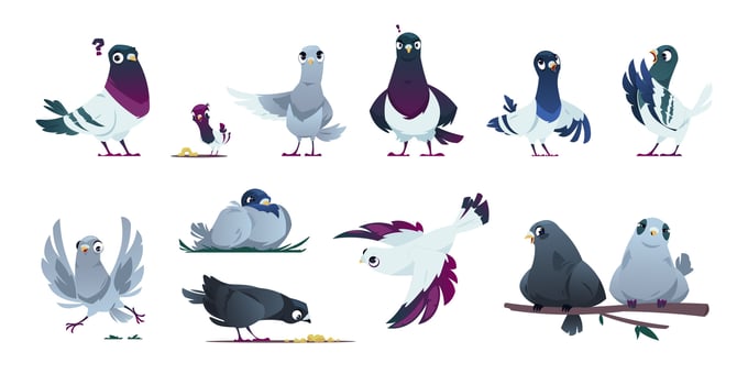 Cute pigeon characters. Cartoon flying doves with different emotions, romantic couple and family with kids, flying birds in love. set vector