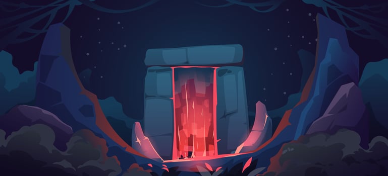 Cartoon magic portal background. Fantasy entrance arch with neon light effect, magic gate with star and lightning, mystic alien landscape. illustration vector