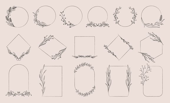 Elegant botanical frames. Minimalist floral wreath with leaves and flowers, decorative floral borders for wedding invitation. set vector