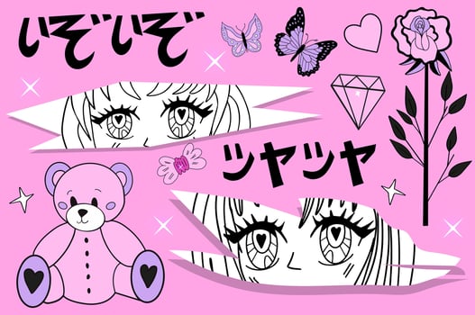 Set of y2k pink girly clipart. anime girls, ram head, heart manga retro Y2K kawaii style. Translation. Assorted Japanese Onomatopoeia, vector