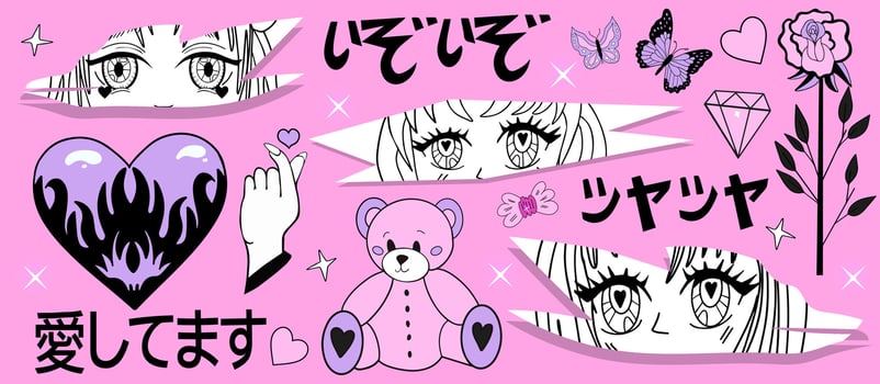 Set of y2k pink girly clipart. anime girls, ram head, heart manga retro Y2K kawaii style. Translation. I love you. beauty radiance, joy. Assorted Japanese Onomatopoeia. vector