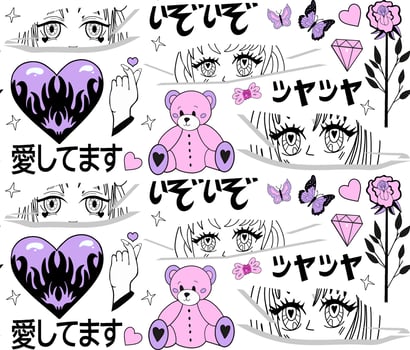 y2k pink girly pattern. anime girls, ram head, heart manga retro Y2K kawaii style. Translation. Assorted Japanese Onomatopoeia,I love you. vector