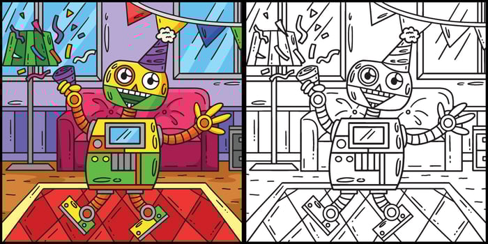 Robot with a Party Hat and Confetti Illustration vector