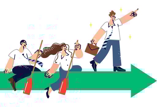 Leader indicates direction for team to move, demonstrating leadership, standing on green arrow vector