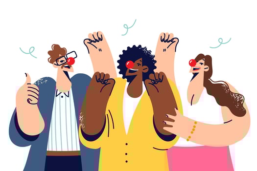Group of friends with clown noses participate in cool party and dance to fiery music vector