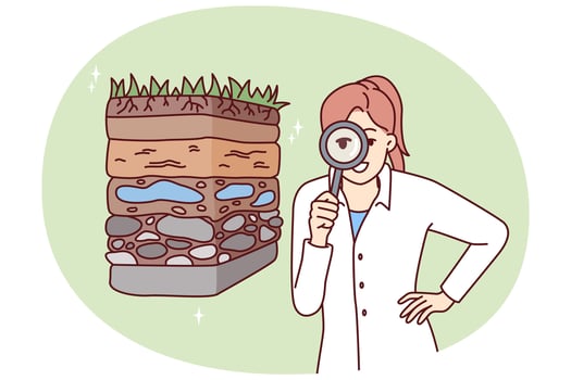 Girl ecologist with magnifying glass conducts examination of soil pollution vector