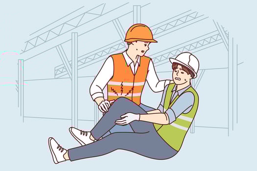 Construction worker helps colleague broke leg and was injured at work due to safety violation vector