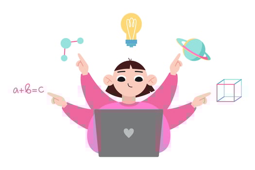Teenage girl with many arms using laptop computer to study various of academic subjects, multitasking, cartoon style. Trendy modern illustration isolated on white, hand drawn, flat design vector