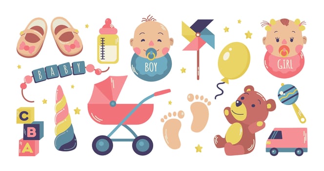 Cute newborn accessories items toys set isolated icon clipart illustration vector