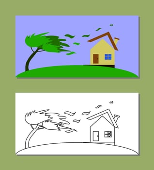 house in storm illustration and black and white line art. vector