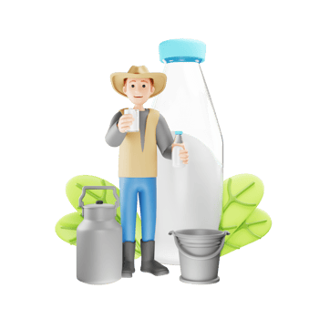 Farmer Producing Fresh Drinkable Milk Bottle - 3D Character Illustration png