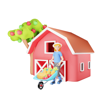 Female Farmer Pushing Wheelbarrow with Harvest of Vegetables - 3D Character Illustration png
