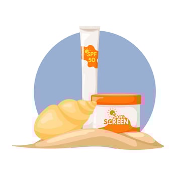 Sunscreen for the body on a blue background with a seashell. Moisturizing and protecting your skin from the sun's ultraviolet radiation. Sunscreen moisturizer, sunscreen. vector